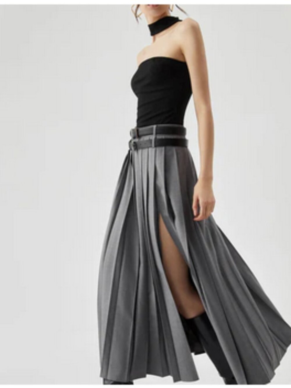 Pleated Split Maxi Skirt Without Belt